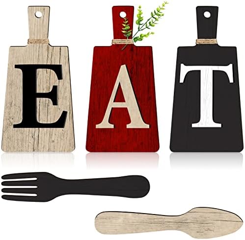 Cutting Board Eat Sign Set Hanging Art Kitchen Eat Sign Fork and Spoon Wall Decor Rustic Primitive Country Farmhouse Kitchen Decor for Kitchen and Home Decoration (Gray, White, Brown)
