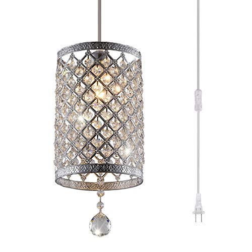 Surpars House Plug In Pendant Light Silver Crystal Chandelier With 14.8' Cord And On/Off Switch In Line #TOP4