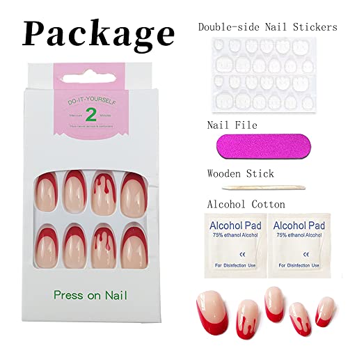 Halloween Press On Nails Medium Length Horror Bloody Fake Nails Red French Tips Nails Coffin Full Cover False Nails With Nail Glues For Women And Girls Halloween Party Nail Decorations 24Pcs #TOP1