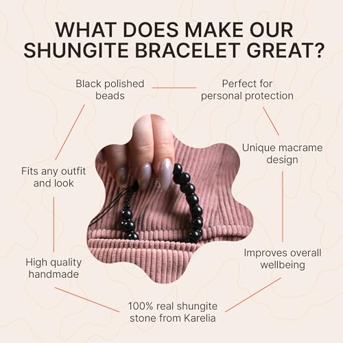 Karelian Heritage Genuine Shungite Stone Macrame Beaded Bracelet with 8 mm Round Beads, Protection Shungite Jewelry | Natural Semi-Precious Crystal Jewelry | Spiritual Healing Chakra Reiki SB1204