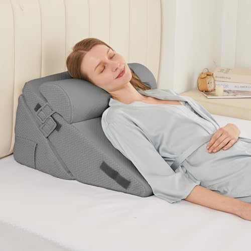 Image of Sasttie Wedge Pillow Set for After Surgery, 2PCS Adjustable Bed Wedge Pillow Headboard with Memory Foam Neck Cushion - for Acid Reflux, Sleeping, Neck & Back Support, Dark Grey