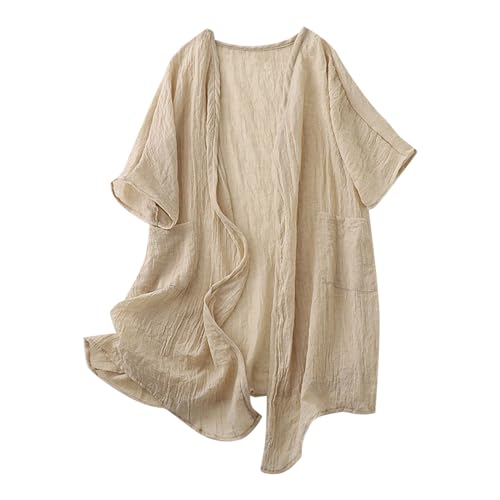 NATHGAM Women's Cotton Linen Cardigans Casual Lightweight Loose Open Front Long Duster Mid-Length Fall Cover Ups with Pockets