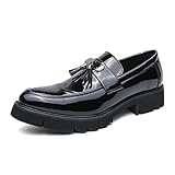 Men's Patent Leather Brogue Slip-On Platform Loafer Shoes with Tassel Fashion Round Toe Low Top Lug Sole Non-Slip Business Dress Shoes for Party Dating Prom (8) Black