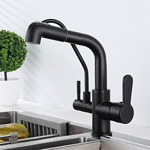 Grifo de cocina de 3 vías con rociador extraíble, giratorio, agua fría y caliente, grifo de fregadero de cocina de latón multifunción, negro (negro)