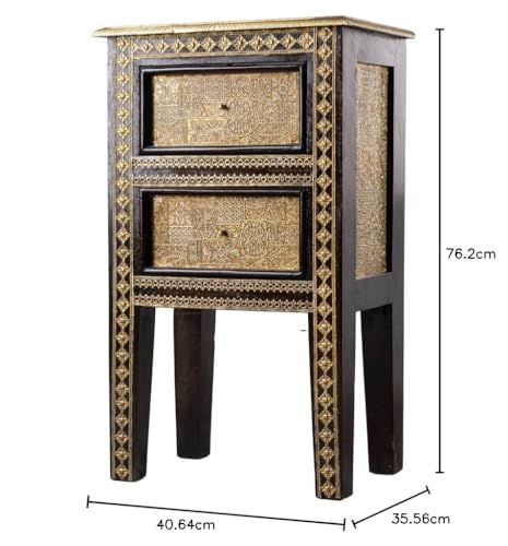 Image of Wooden Bedside Table for Bedroom with Drawers | Solid Wood Bed Side Table with Drawers | Side Table for Living Room | Traditional Rajasthani Art Chest of Drawer for Home (Black)