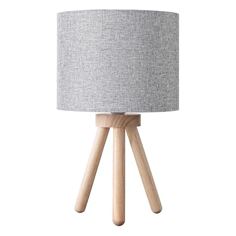 EDISHINE Wooden Tripod Bedside Lamp with Grey Shade Cover