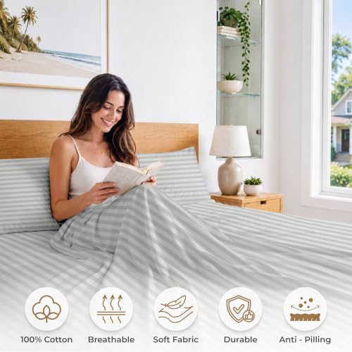 Image of SGI bedding RV Short Queen Sheet Set 60x75, 600 TC Egyptian Cotton, 4 Piece Luxury Hotel Collection, Ultra Soft & Breathable, Fits RV Mattress Camper & Trailer, 15 Inch Pocket, Light Grey Stripe