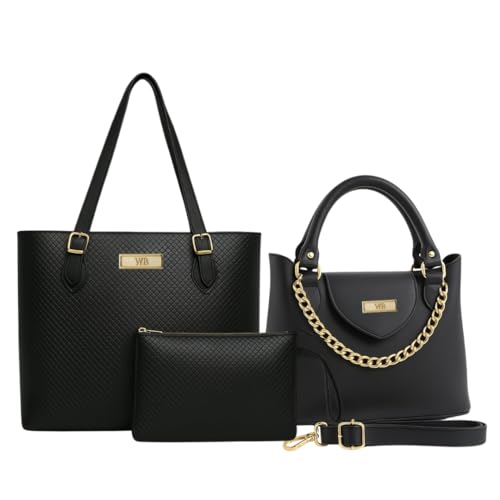 Kit de Bolsa Sacola + Tote e Carteira Feminina, Couro Sintético, Design Minimalista Willibags (PRETA)
