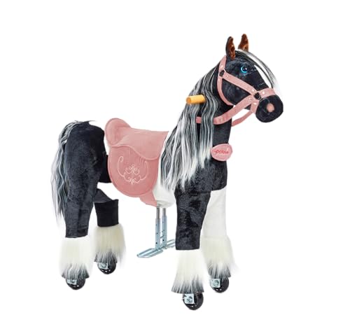 Ponnie Reitpferd mit Rollen Domino S (3-6 Jahre), Spielpferd zum Reiten mit Abnehmbarer Rosa Sattel und Halfter mit Zaumzeugund Kämmbare Mähne und Schwanz, Plüschpferd zum Reiten für Kinder