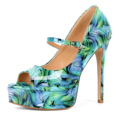 Image of SAMMITOP Women's Peep Toe High Heels Platform Stiletto Pumps Patent Mary Jane Heels 5.5 inch Party Wedding Dress Shoes