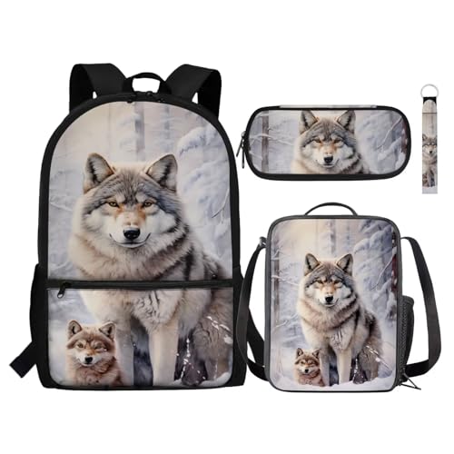 Set zaino per bambini con portapranzo portapenne portachiavi 4 in 1 regalo per ragazze ragazzi adolescenti Lupo Neve Taglia unica Zaini Daypack