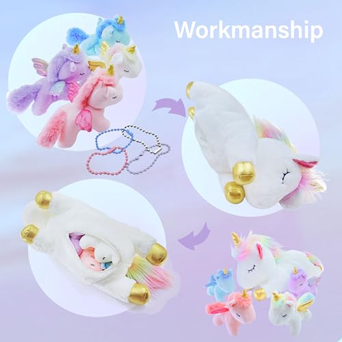 Image of Unicorn Stuffed Animal,Cute Unicorn Mommy Stuffed Animal with 4 Baby Unicorns Plush in Tummy,Kawaii Unicorn Plush Toy Gift for Kids Girls Boys