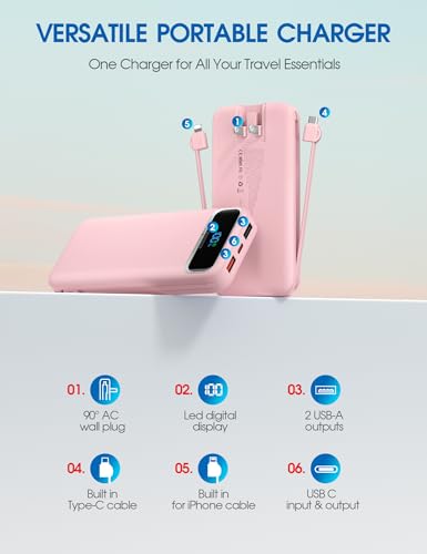Image of Nusyddy Portable Charger 12000mAh 22.5W w /Built-in Cables & Wall Plug Pink | 22.5W Fast Charging, LED Display, Pass Through Charging, TSA Approved, Portable & Slim, Power Bank for iPhone, iPad, Samsung