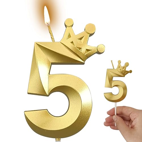 The Number 5 Gold Birthday Candles for Cake is Beautiful Number Candles for 5th Birthday Decorations for Boys and Girls (Gold-5, Crown)