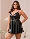 sunshinelady Lederkleid Damen Wetlook Kleid Sexy Große Größen PU Dessous V Ausschnitt Minikleid Rückenfrei Unterwäsche mit Halsband Lackkleid Reizwäsche für Mollige Frauen Shiny Dress Schwarz,S