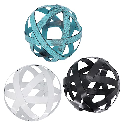 Metal Decorative Balls, SPWOLFRT 3 Pcs Mixed Color Decorative Sphere Metal Band Decorative Ball Centerpiece Balls for Bowls, Vases, Dining Table Living Room Bedroom Kitchen Decor (Blue,White,Black)