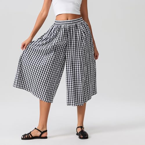 Women's Gingham Skirt Pants Wide Leg Elastic Waist Capri Culottes Pants Trendy Going Out Bottoms Lightweight Loose Fit3