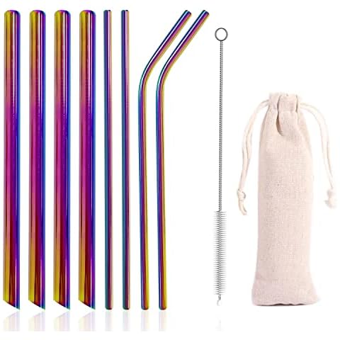 8er-Pack Bubble Tea Strohhalme, mit 1 Reinigungsbürste, 1 Stoffbeutel, wiederverwendbare Strohhalme, Metall-Strohhalme, bunte Strohhalme für Party, Hochzeit Cover