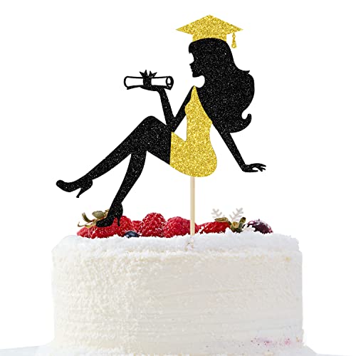 Unoggsor Graduation Cake Topper 2022, Girl Topper, Congrats Grad Decor, Girls Party Decorations, Black And Gold Glitter #TOP4