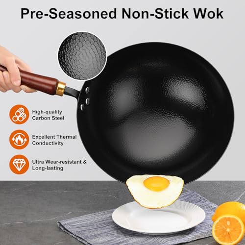 Image of Carbon Steel Wok Pan, 12.6-Inch Nonstick Pre-Seasoned Woks & Stir-Fry Pans with Glass Lid, No Chemical Coated Wok Round Bottom Hand Hammered Chinese Wok for Gas Stoves