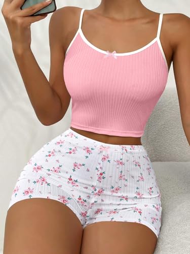Image of Hilinker Womens Graphic 2 Piece Pajama Set Summer Cute Crop Cami and Shorts Ribbed Lounge Sets