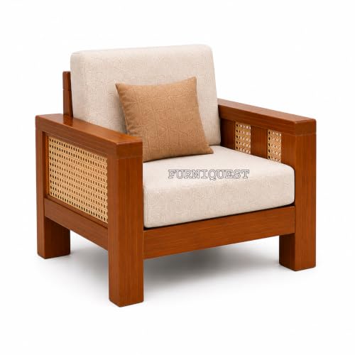 Image of Wooden Sofa Set for Living Room | Sofa Set | Rattan 5 Seater Sofa Set | Solid Sheesham Wood Sofa Set 5 Seater for Hone & Office Furniture (3+1+1 Natural Teak Finish)