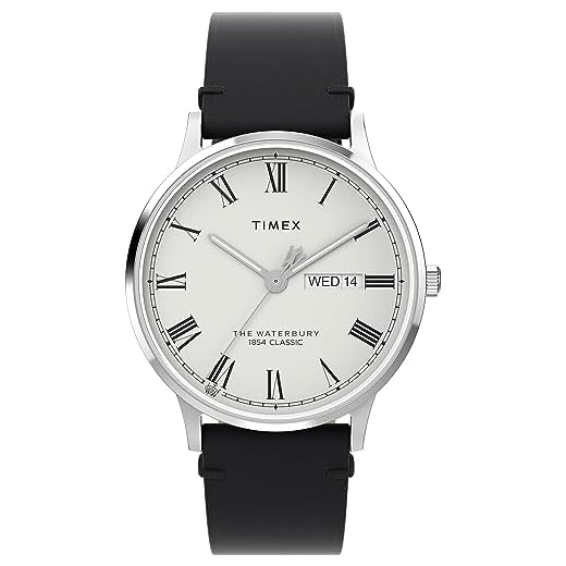 Timex Waterbury 40 mm herenhorloge - zwart lederen tweedelige band met snelsluiting, witte wijzerplaat, roestvrijstalen kast, TW2W15000