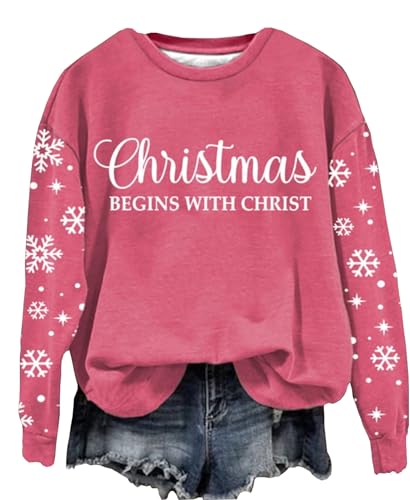 LLHXRUI Christmas Begins With Christ Pullover for Women Long Sleeve Christmas Sweatshirt Inspirational Christian Raglan Shirt(Pink, X-Large)