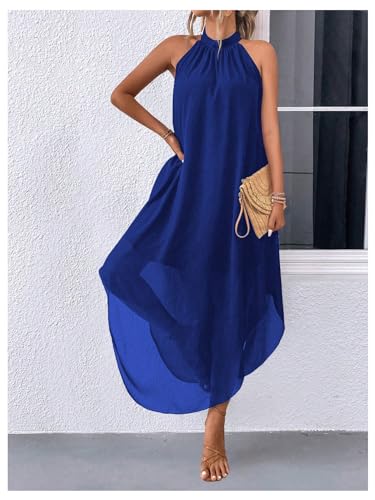 Image of Verdusa Women's Wedding Guest Dress Halter Flowy Chiffon Long Dresses | Cocktail Dress, Asymmetrical Dress for Women, Sleeveless, Prom Dress, Cruise Outfits, Boho