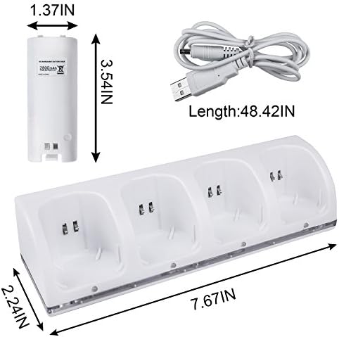 4 Pack Rechargeable Battery for Wii Remote Controller, TechKen 4 x 2800mAh Batteries with Charging Dock Station Stand (White)