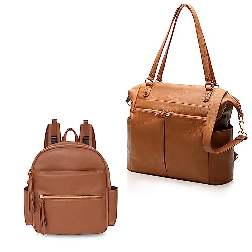 Image of MOMINSIDE Diaper Bag Tote, Leather Small Diaper Bag Backpack Baby Registry Search, Changing Pad, Insulated Pockets