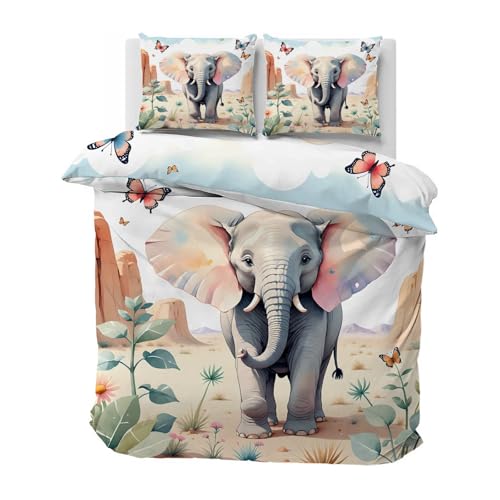 Funda Nórdica Cama 105 Elefante, Funda Edredon 200x200 Microfibra Suave, Ropa de Cama Fauna Flores - Funda Nordica Mariposa y 2 Funda de Almohada 50x75 con Cremallera, N-120