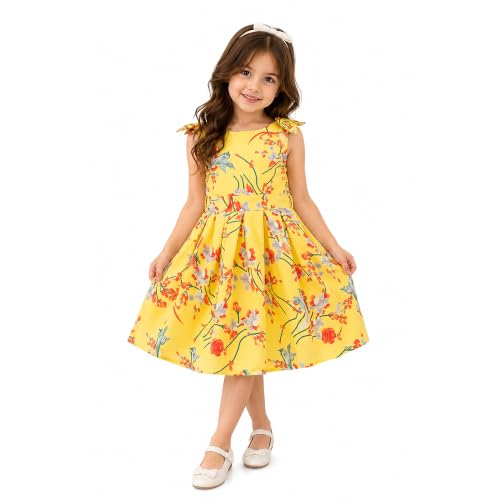 Image of Miss Lavish London Kid Dress for Girls, Shoulder Bow Printed Party Dress, Summer Dress for Girls, Kids Printed Dress for Birthday, Vacation, Wedding & Festival Girls Dresses