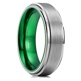 King Will 7mm Gunmetal Tungsten Wedding Rings For Men, Step Edge Matte Brushed Finish Green Inner Dual Color Wedding Band, Comfort Fit, Size 10