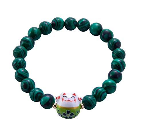 Générique Bracelet Japonais Maneki Neko (招き猫) Porte Bonheur Perles Naturelles (18 cm réglable) (Vert Malachite)