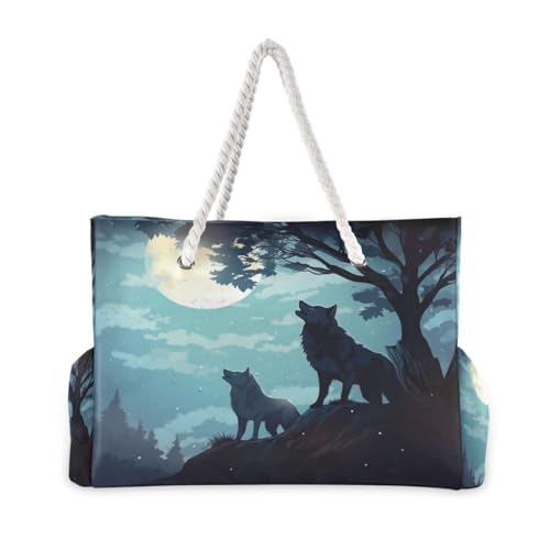 ATTX Evening Moon Wolf Beach Bags for Women - Large Beach Bags with Zipper Waterproof Sandproof Swim Pool Bag Large Tote#312