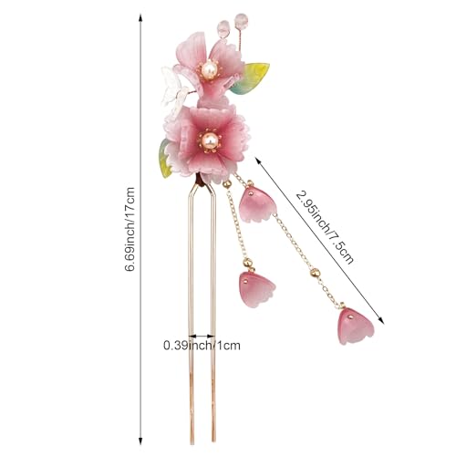 Pinza para cabello artesana con flor de durazno rosa y hojas, con borla miniatura 2