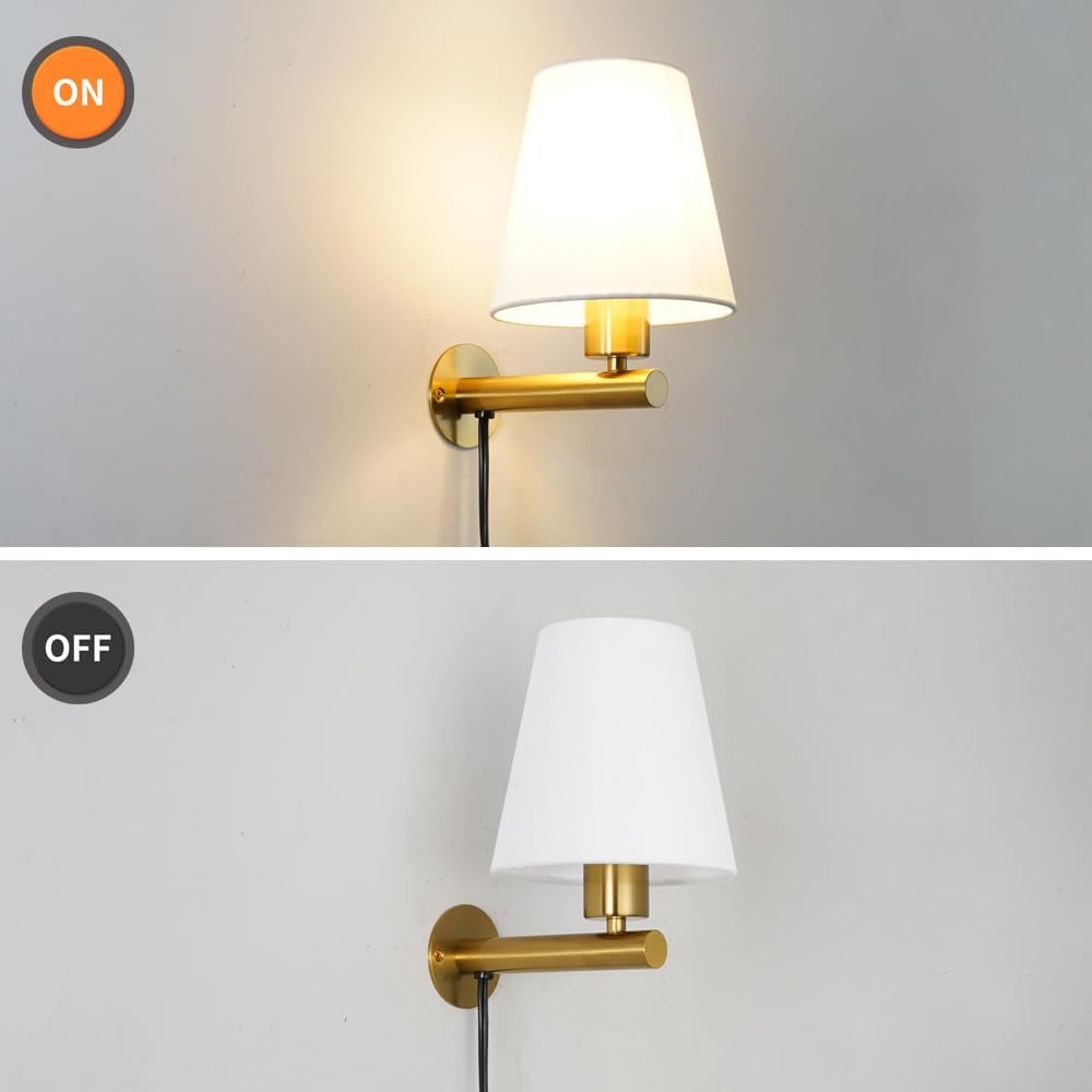 Gold Plug in Wall Sconces Set of Two, Brass Wall Sconce Lights for Bedroom Plug in, Wall Lamp with On/Off Switch Cord, Bedside Plugged Wall Mounted Light with Fabric Linen, Wall Decor for Living Room