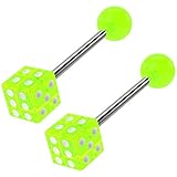 2pc Dice Tongue Ring Green 14g Piercing Barbell For Women Acrylic Plastic 14 Gauge 16mm 5/8 Jewelry