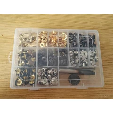 SUNOR Leather Snaps and Fasteners Kit, 120 Set Brass 304 Stainless Steel Heavy Duty Snap Buttons, Canvas Snap Kit Metal Snap for Thick Leather Fabric, Clothing Canvas Tarpaulin Tents Awnings Canvas Cover