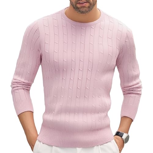 Qolkmuiy-GJ Men's Lightweight Patterned Knitted Sweatershirt Crewneck Cable Knit Pullover Casual Twist Textured Sweaters (Pink,Medium)