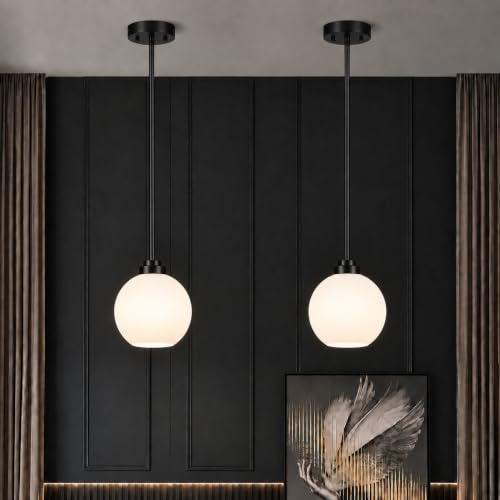 Image of MQMQA 2 Pack Globe Pendant Lights, Mid Century Matte Black Pendant Light Fixtures, Globe Pendant Lights Kitchen Island with Milk Glass Shade Hanging Fixture for Dining Room (Bulbs not Included)