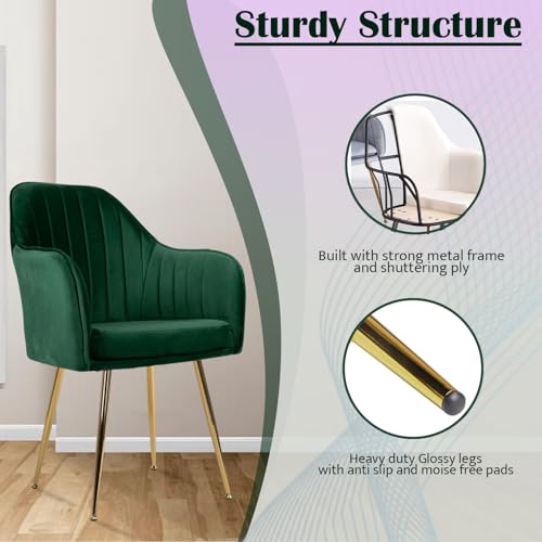 Image of Velvet Accent Chair | Luxury Upholstered Armchair with Sturdy Metal Legs | Modern Comfortable Chair for Living Room, Bedroom, Office, or Cafe (Golden Legs, Green)