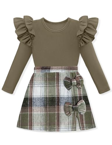 KISSB Girls Clothes Long Sleeve Ruffle Sleeve Top and Plaid Skirt Set 5T 6T