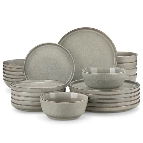 vancasso ANYA 24 Pieces Plates and Bowls Set, Stone Grey Dinnerware Sets, Reactive Glaze Dishes Set for 6, Ceramic Dishware Sets Kitchen Dinner Set, Microwave & Dishwasher Safe