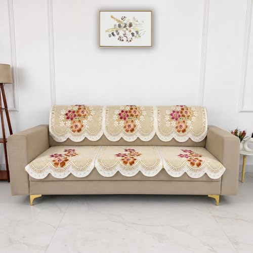 Image of Homerz Premium 'Surya Series' Sofa Cover | Stylish Sofa Protector | Net Fabric | Anti-Stain & Washable Slip Cover Exact Size Antislip (Exclusive Yellow, 5 (3+1+1) Seater, Seat Cover with Backrest)
