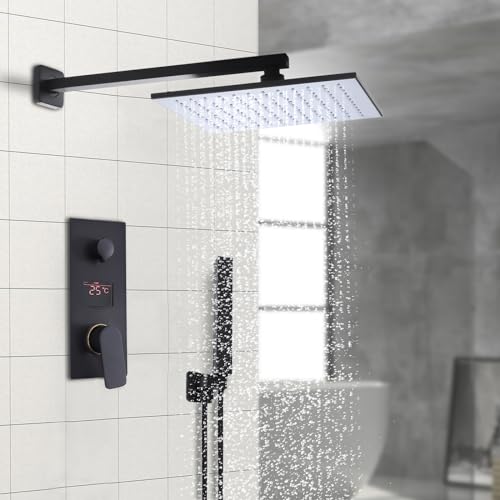Konfiur Kit complet de douche encastré, noir, système de douche à effet pluie, système de douche à 2 fonctions, avec douchette à main, pommeau de douche, pour salle de bain, 300 x 300 mm
