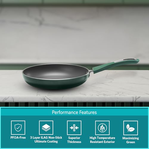 Image of VAYA Hautechef Non-Stick Frypan 24cm, Has Non Stick Coating, 3-Layer ILAG Swiss Coating, PFOA-Free, Induction Friendly, with Soft-Touch Matching Handle, Color - Green