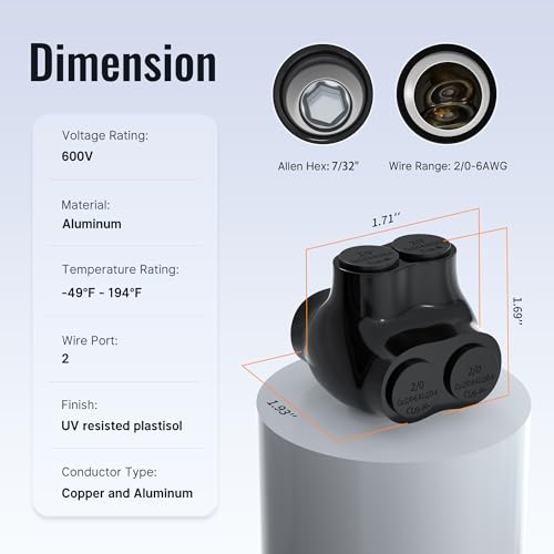Image of RVBOATPAT 2 Port Dual Entry Insulated Multi Tap Connector 2 /0-6 AWG Aluminum Wire Connector Splice Electrical Power Connector 3 /16 inch Allen Hex - 6 Pack