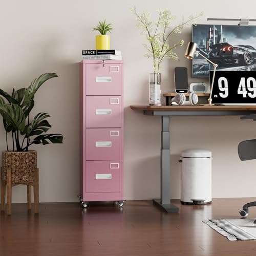 Image of Aobabo 4 Drawer File Cabinet with Lock, Metal Vertical Filing Cabinet with Wheels, Anti-Tilt Interlock System, Locking Office Storage for Letter /Legal Files,Pink,Required Assembly